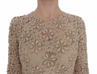 Beiges, florales, enganliegendes Maxikleid aus Spitze