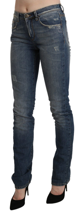 Blaue Mid-Waist Röhrenjeans aus verwaschenem Denim