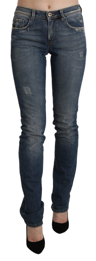 Blaue Mid-Waist Röhrenjeans aus verwaschenem Denim