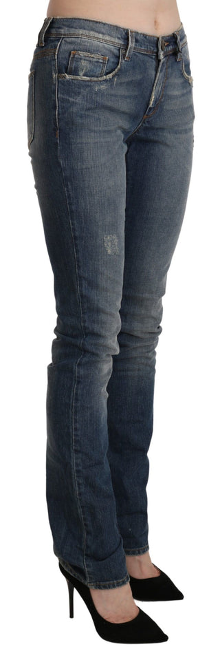 Blaue Mid-Waist Röhrenjeans aus verwaschenem Denim