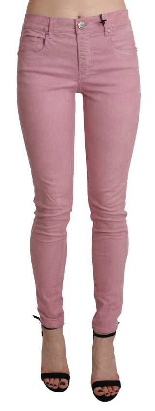 Pantalón de mezclilla elástico ajustado de cintura media rosa