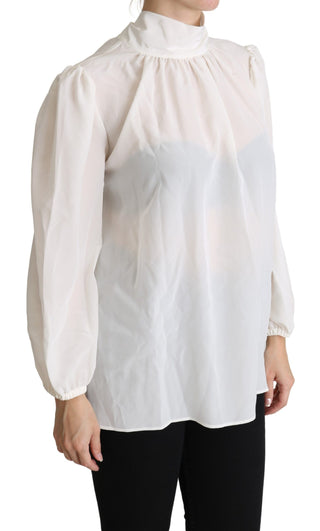 Weiße Seidenbluse mit Schluppenkragen und langen Ärmeln