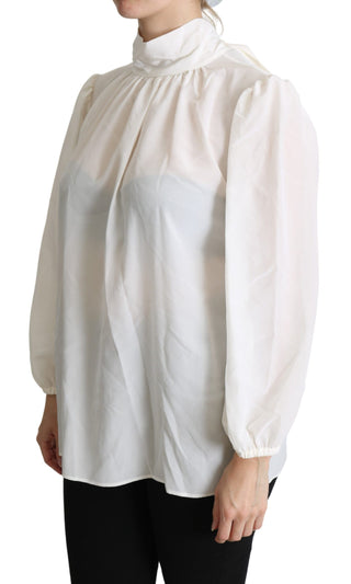 Weiße Seidenbluse mit Schluppenkragen und langen Ärmeln