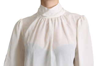 Weiße Seidenbluse mit Schluppenkragen und langen Ärmeln