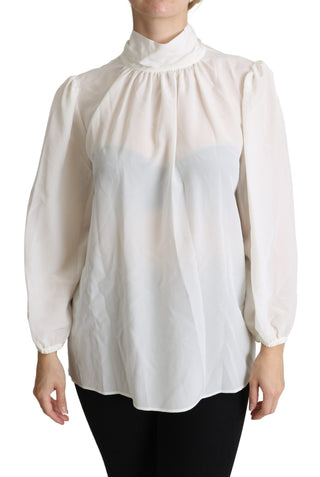 Weiße Seidenbluse mit Schluppenkragen und langen Ärmeln