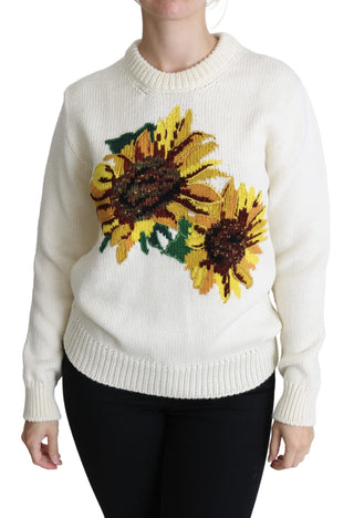 Pullover aus weißer Blumenwolle mit Sonnenblumenmuster