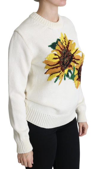 Pullover aus weißer Blumenwolle mit Sonnenblumenmuster