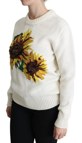 Pullover aus weißer Blumenwolle mit Sonnenblumenmuster