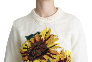 Pullover aus weißer Blumenwolle mit Sonnenblumenmuster