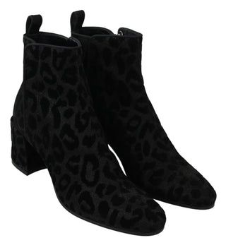 Schwarze Leoparden-Kurzstiefel mit Reißverschluss