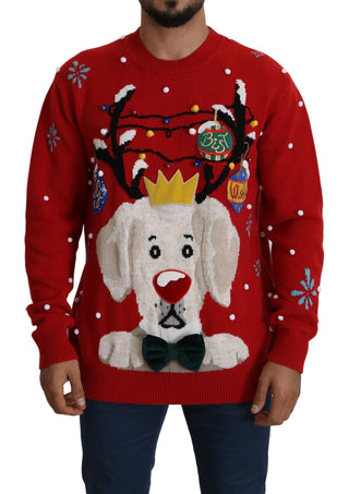 Suéter de cachemira rojo con estampado de perro navideño