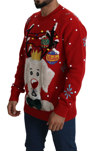 Suéter de cachemira rojo con estampado de perro navideño