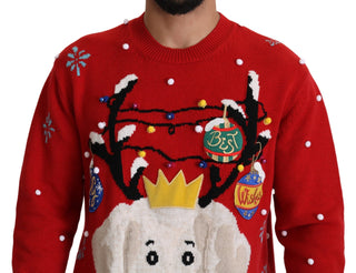 Suéter de cachemira rojo con estampado de perro navideño