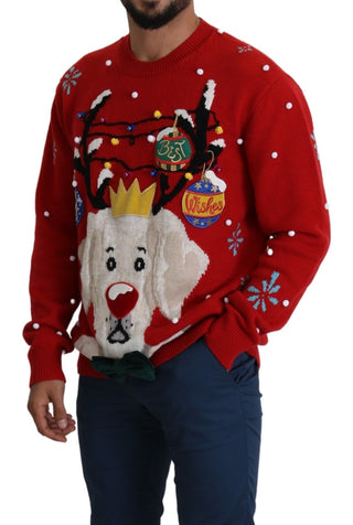 Suéter de cachemira rojo con estampado de perro navideño