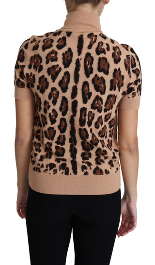 Top de cuello alto de lana virgen con estampado de leopardo beige