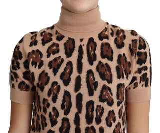 Top de cuello alto de lana virgen con estampado de leopardo beige