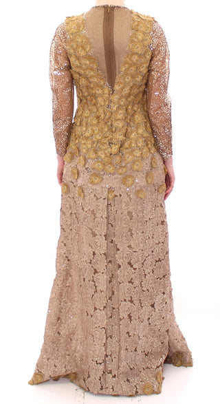 Vestido maxi de cristal con encaje largo dorado