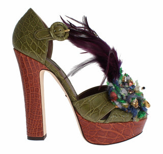 Grüne Leder-Kristall-Plateau-Sandalenschuhe