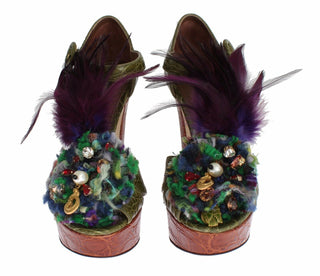Grüne Leder-Kristall-Plateau-Sandalenschuhe