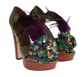 Grüne Leder-Kristall-Plateau-Sandalenschuhe