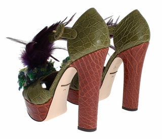 Grüne Leder-Kristall-Plateau-Sandalenschuhe