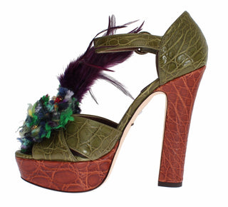 Grüne Leder-Kristall-Plateau-Sandalenschuhe