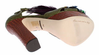Grüne Leder-Kristall-Plateau-Sandalenschuhe