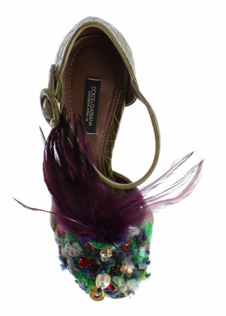 Grüne Leder-Kristall-Plateau-Sandalenschuhe