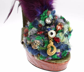 Grüne Leder-Kristall-Plateau-Sandalenschuhe