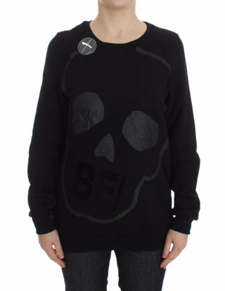 Schwarzer Baumwoll-Rundhals-Pullover mit Motivdruck