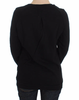 Schwarzer Baumwoll-Rundhals-Pullover mit Motivdruck