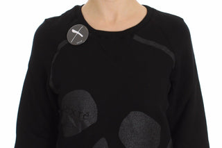 Schwarzer Baumwoll-Rundhals-Pullover mit Motivdruck