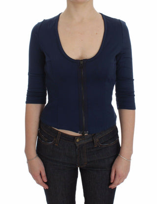 Blauer Baumwollpullover mit tiefem Rundhalsausschnitt und Reißverschluss