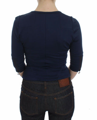 Blauer Baumwollpullover mit tiefem Rundhalsausschnitt und Reißverschluss