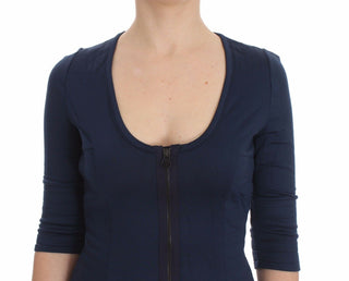 Blauer Baumwollpullover mit tiefem Rundhalsausschnitt und Reißverschluss
