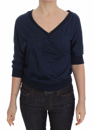 Blauer Baumwoll-Top-Pullover, tiefer V-Ausschnitt, Damenpullover