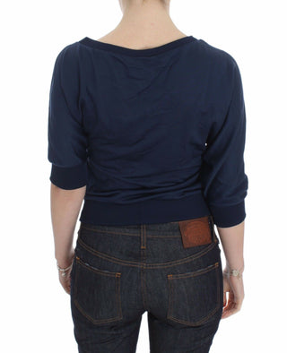 Blauer Baumwoll-Top-Pullover, tiefer V-Ausschnitt, Damenpullover
