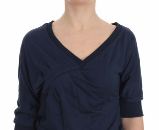 Blauer Baumwoll-Top-Pullover, tiefer V-Ausschnitt, Damenpullover