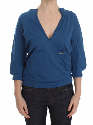 Blauer Baumwoll-Top-Pullover, tiefer V-Ausschnitt, Damenpullover