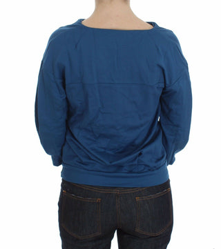 Blauer Baumwoll-Top-Pullover, tiefer V-Ausschnitt, Damenpullover