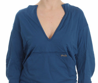Blauer Baumwoll-Top-Pullover, tiefer V-Ausschnitt, Damenpullover