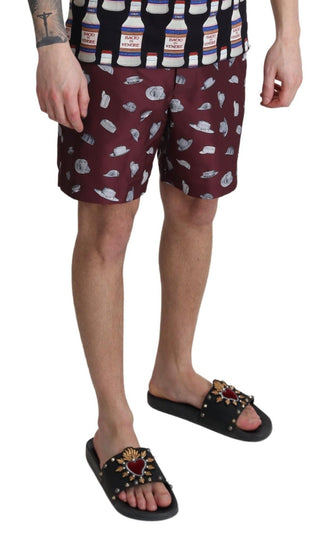 Bordeauxrote Hüte Bedruckte Strandmode Shorts Bademode