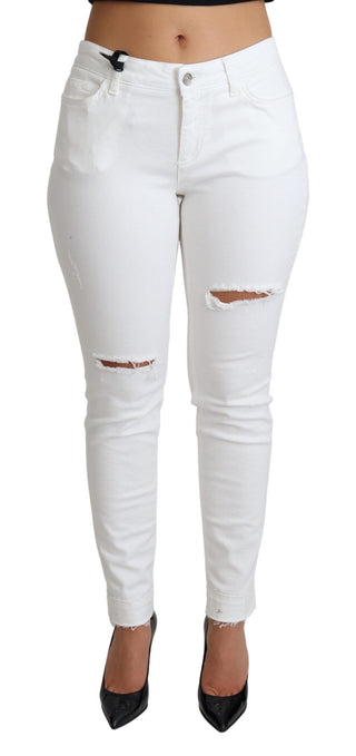 Weiße zerrissene Röhrenjeans aus Baumwoll-Stretch