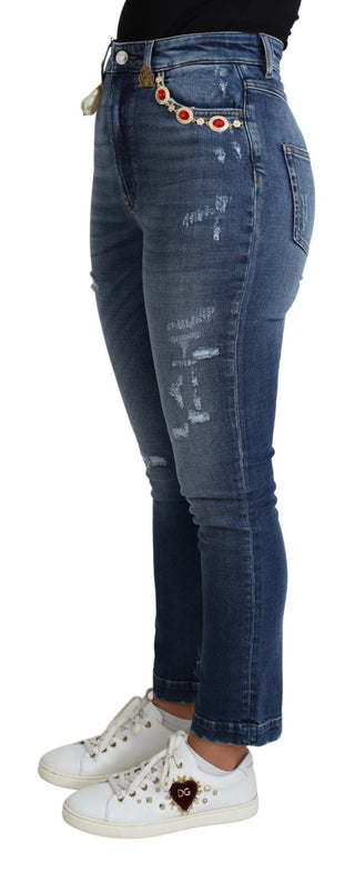 Blaue verzierte schmale Jeans aus Baumwolle