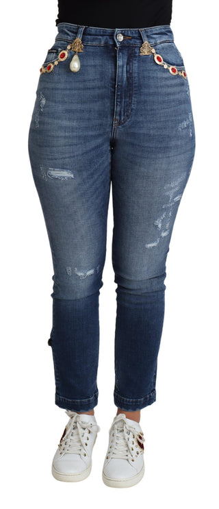 Blaue verzierte schmale Jeans aus Baumwolle