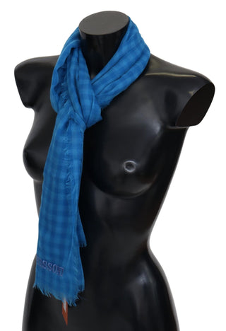 Bufanda unisex azul a cuadros de cachemira con flecos