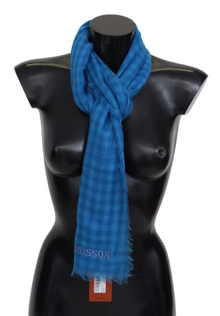 Bufanda unisex azul a cuadros de cachemira con flecos