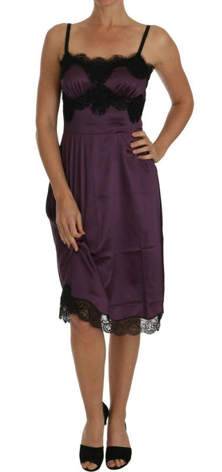 Violettes Seiden-Stretch-A-Linien-Kleid mit schwarzer Spitze