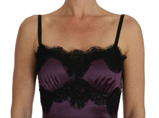 Violettes Seiden-Stretch-A-Linien-Kleid mit schwarzer Spitze