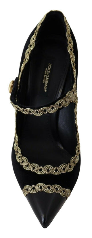 Schwarze Samt Mary-Jane Pumps mit Verzierungen